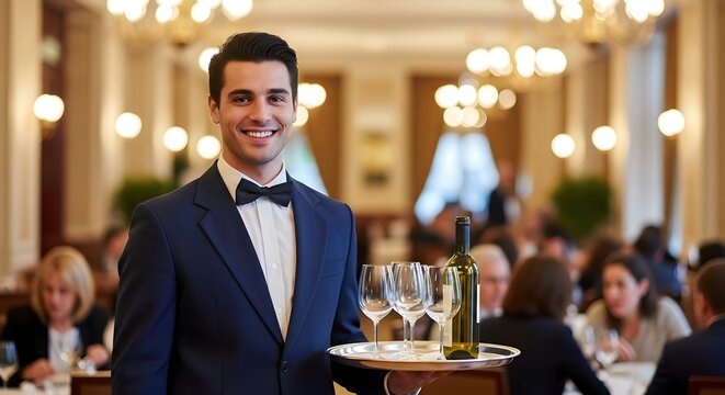 A smiling waiter serving a bottle of wine and glasses on a tray in a luxury restaurant interior with guests for hospitality industry. - Powered by Adobe