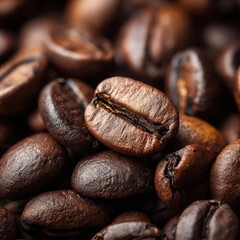 Naklejka premium Pile of roasted coffee beans showing varied dark brown colors, textures, and light reflection