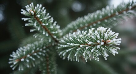 Frosty Pine Branch Close-Up with Ice Crystals and Soft Focus Background
