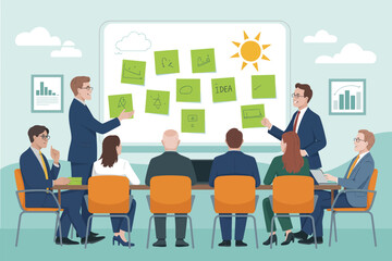Business meeting with presentation of ideas on whiteboard with sticky notes