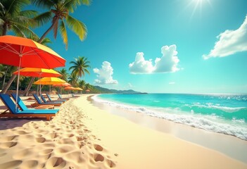 vibrant beach umbrellas sunny shoreline colorful ocean retreat tropical paradise escape, sand, vacation, holiday, coastline, sea, water, summertime, horizon