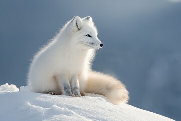 Arctic Fox with Thick White Fur Sitting Calmly on Isolated Background