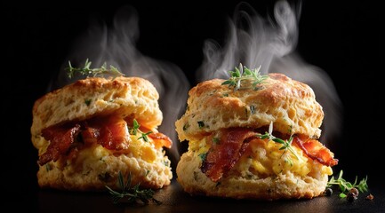 Two golden biscuits with bacon and egg filling, steaming on dark background