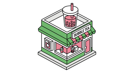 Obraz premium Bubble tea shop isometric building with drink