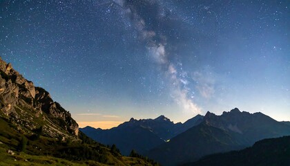 Night sky panorama over mountain range, Milky Way visible