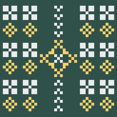 Traditional pixel Thai fabric pattern with yellow and white on green background.