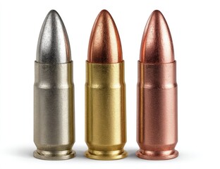 Three bullets, silver, gold, copper, isolated