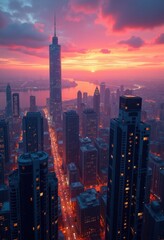 Naklejka premium vibrant city skyline sunset panorama colorful horizon urban landscape high rise cityscape twilight reflection lights, buildings, dusk, view, architecture