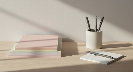 Minimalist Workspace with Notebooks and Pens on Wooden Desk