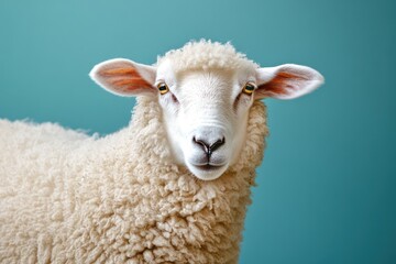 Fototapeta premium White Woolly Sheep with Floppy Ears and Calm Eyes Isolated