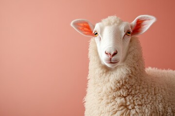 Fototapeta premium White Woolly Sheep with Floppy Ears and Calm Eyes Isolated