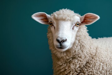 Fototapeta premium White Woolly Sheep with Floppy Ears and Calm Eyes Isolated