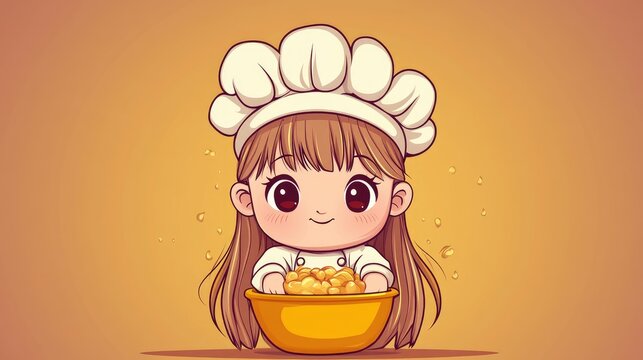 Charming cartoon of a sweet little girl chef holding a bowl of cooked pasta or dumplings