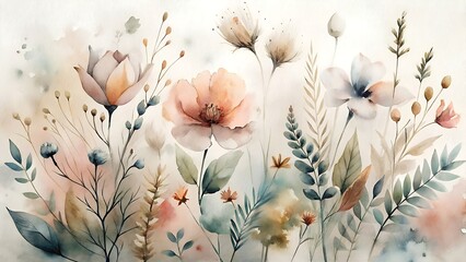 Soft focus watercolor painting of delicate wildflowers and grasses in a dreamy pastel meadow with a bright airy background