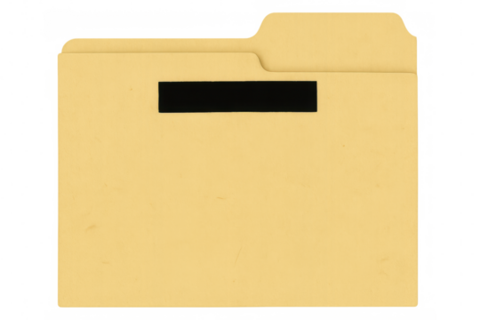 Empty manila folder with black label is isolated on transparent background, ready for customization