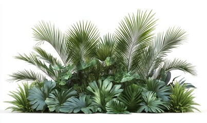 Realistic palm leaves and shrubs positioned in the corner on a white background, symbolizing natures beauty and the calming effect of tropical plant life, Generative AI