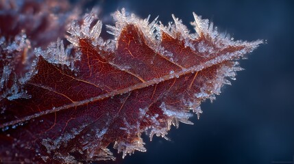 Close-up of Frost-covered Autumn Leaf with Intricate Ice Crystals