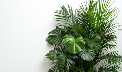 Realistic palm leaves and shrubs positioned in the corner on a white background, symbolizing natures beauty and the calming effect of tropical plant life, Generative AI