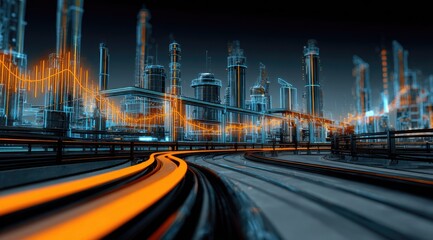 Futuristic cityscape with glowing energy lines and data streams