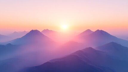 A serene mountain range at sunrise, bathed in pastel hues.