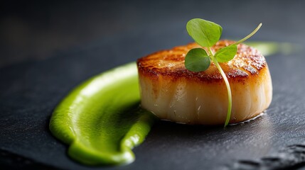 Minimalist Seared Scallop with Herb Puree on Dark Slate Plate