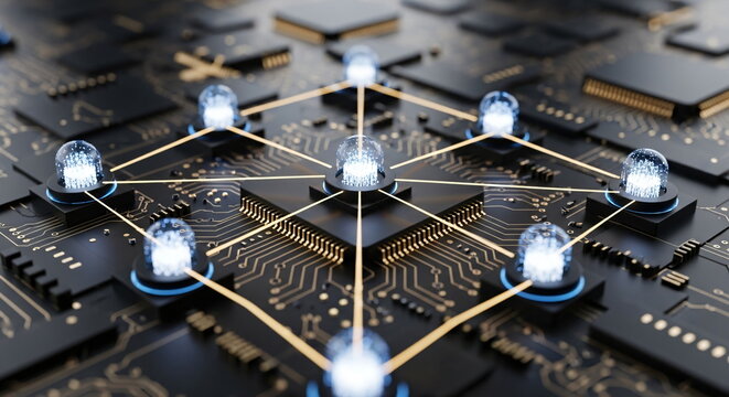 Digital globe with connectivity lines on computer chip. Global network technology concept. Abstract circuit board for big data.