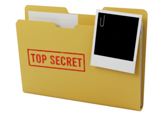 Yellow folder stamped top secret with attached blank instant isolated on transparent background