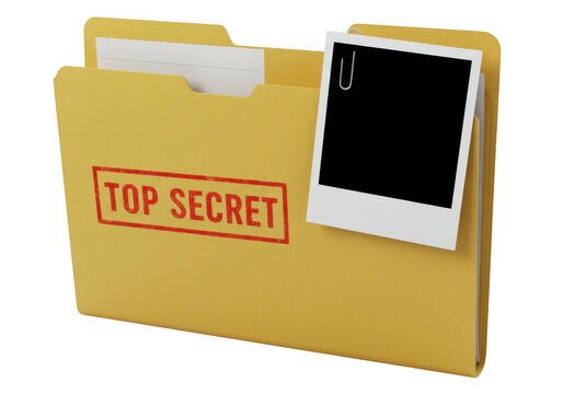 Yellow folder stamped top secret with attached blank instant isolated on transparent background