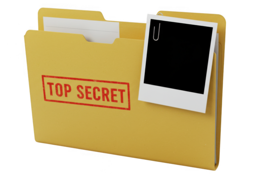 Yellow folder stamped top secret with attached blank instant isolated on transparent background - Powered by Adobe