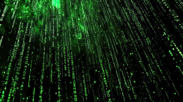 Digital rain of green binary code