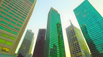 Fototapeta premium Modern skyscrapers rise against a clear sky. Windows reflect light