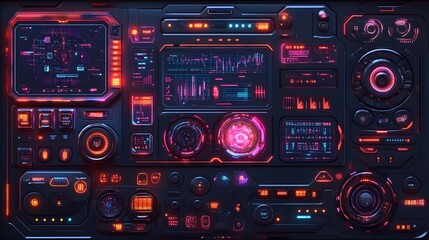 Fototapeta premium Futuristic control panel with vibrant neon lighting.