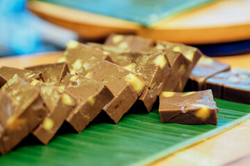 chocolate pudding with pieces of cheese in it