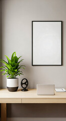 Minimalist Desk Setup with Blank Frame and Plant