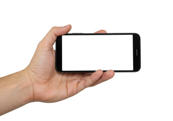 Hand holding horizontal mobile device with blank screen isolated on transparent background