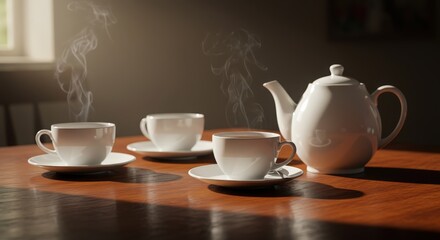 Steaming White Tea Set with Cups on Wooden Table in Soft Light