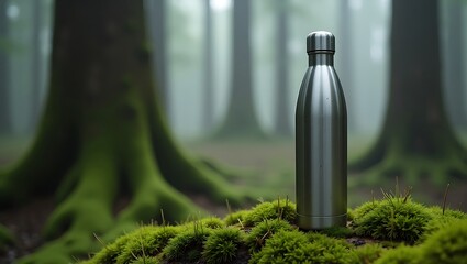 A stainless steel water bottle rests on vibrant moss in a misty forest environment outdoors scene