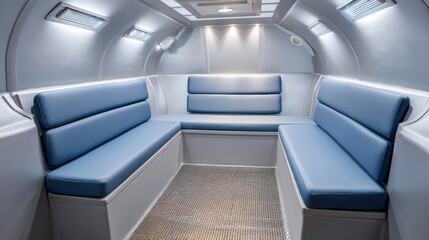 Futuristic sauna pod with LED lighting, curved seating, and a sleek metallic finish for a sci-fi appeal.