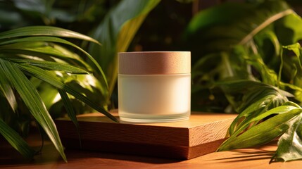 White cosmetic cream jar with wooden lid displayed on a wooden block surrounded by vibrant green plants, promoting natural skincare. 