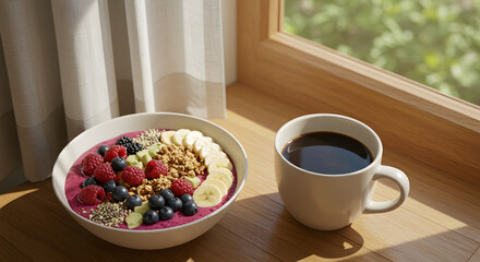 Morning Delight: Berry Smoothie Bowl and Coffee by a Sun-Kissed Window for Wellness