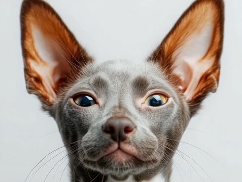 Unique gray cat with large ears and captivating blue eyes captures attention in indoor setting