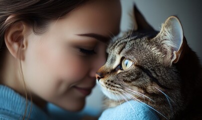 Young attractive mixed-race woman cuddling her cat at home, embodying a peaceful moment of companionship and relaxation in her personal space, Generative AI