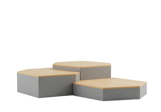 Three tier hexagonal podium display stage isolated on transparent background
