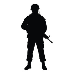 Silhouette of a Soldier Standing Guard with Rifle on White Background