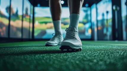 Low angle view of athletic shoes on green turf