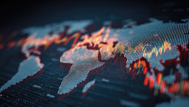 A stylized world map rendered with data points, showcasing dynamic, color-coded fluctuations likely representing economic or market trends