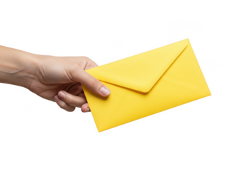 Hand holding a bright yellow envelope isolated on transparent background