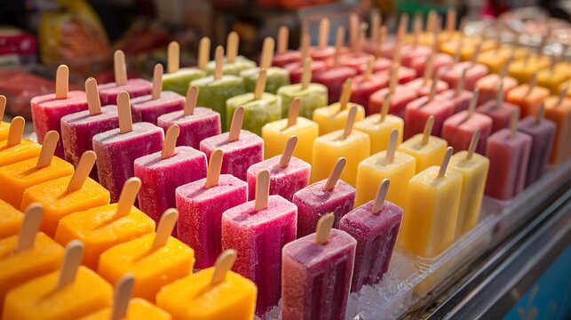 Colorful assortment of delicious frozen fruit paletas and fresh berries at a summer street food market.
