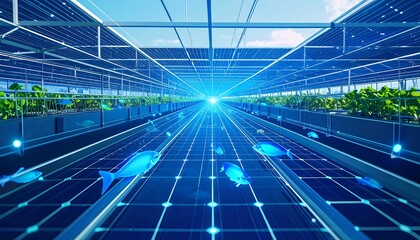 Futuristic aquaculture facility with solar panels and digitally enhanced fish