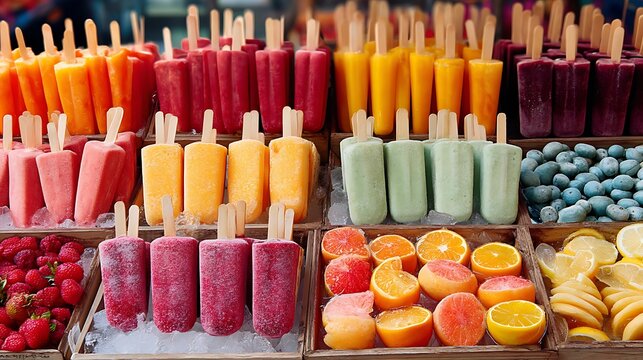 Colorful assortment of delicious frozen fruit paletas and fresh berries at a summer street food market.